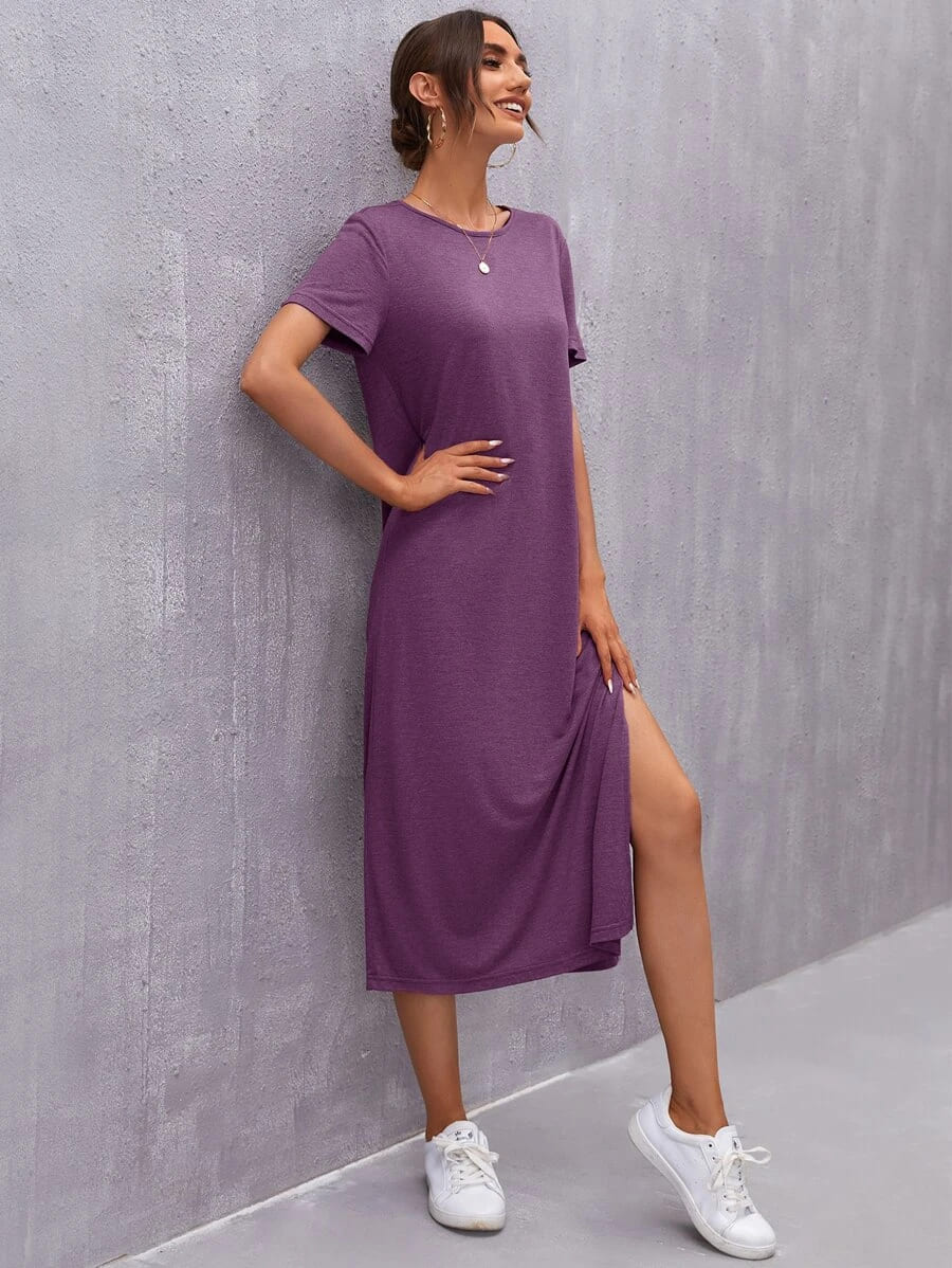 Vestido Tubinho Midi Fenda Manga Curta Casual, PP, P, M, G, GG, Roxo