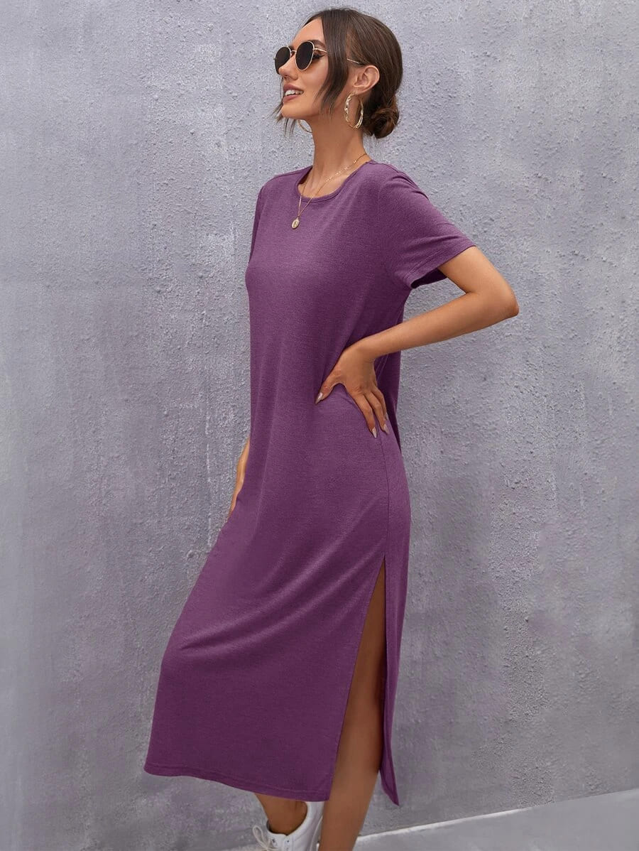 Vestido Tubinho Midi Fenda Manga Curta Casual, PP, P, M, G, GG, Roxo