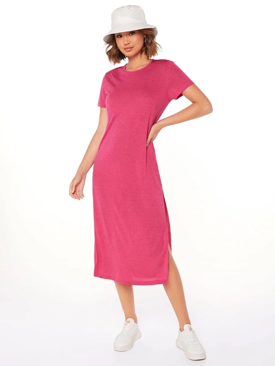 Vestido Tubinho Midi Fenda Manga Curta Casual, PP, P, M, G, Rosa