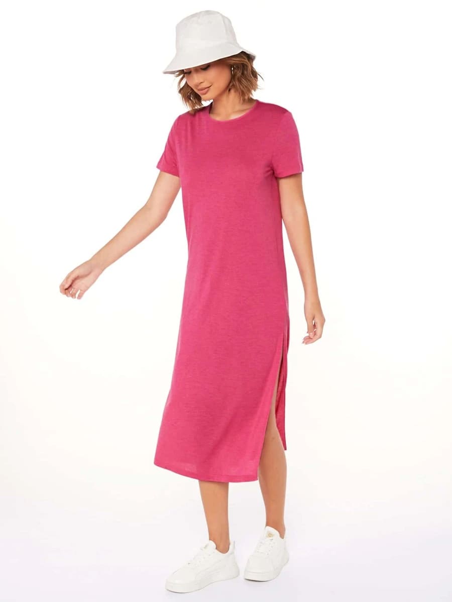 Vestido Tubinho Midi Fenda Manga Curta Casual, PP, P, M, G, Rosa