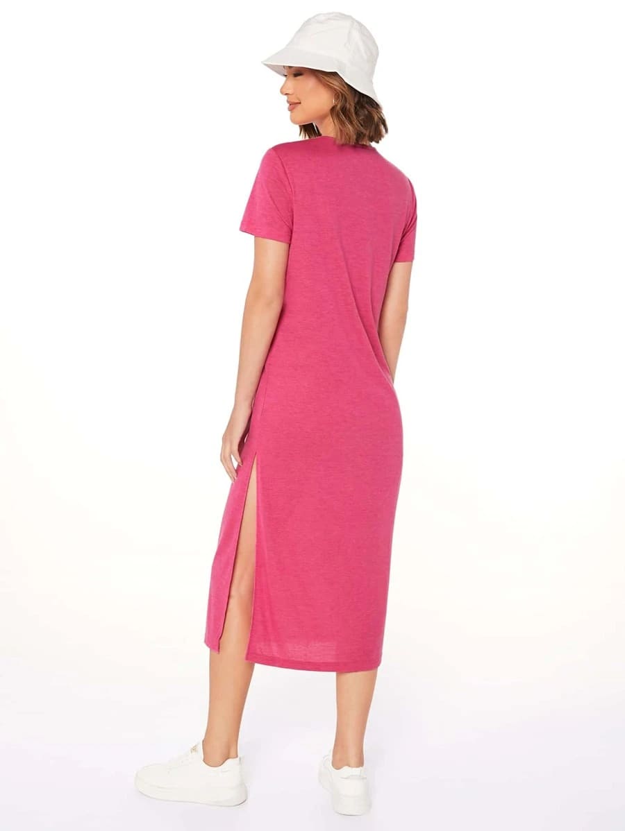 Vestido Tubinho Midi Fenda Manga Curta Casual, PP, P, M, G, Rosa
