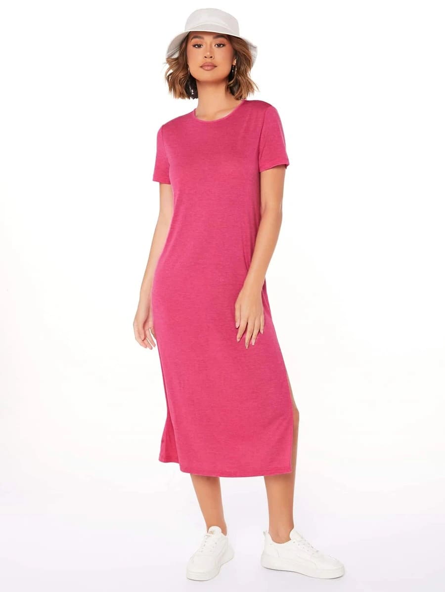 Vestido Tubinho Midi Fenda Manga Curta Casual, PP, P, M, G, Rosa