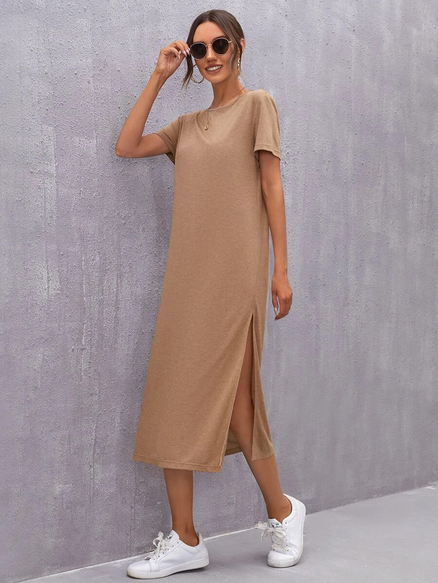 Vestido Tubinho Midi Fenda Manga Curta Casual, PP, P, M, G, GG, Caramelo