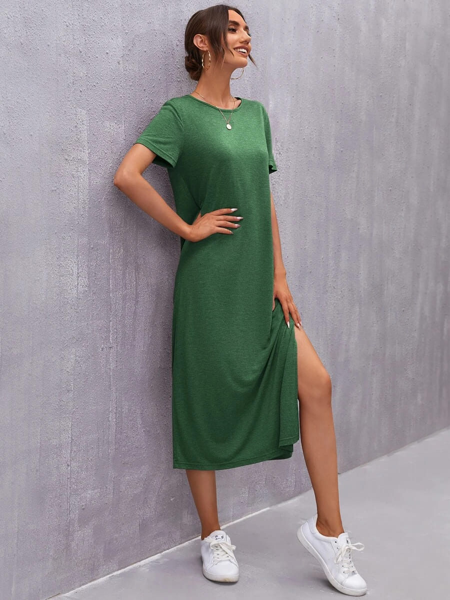 Vestido Tubinho Midi Fenda Manga Curta Casual, PP, P, M, G, GG, Verde