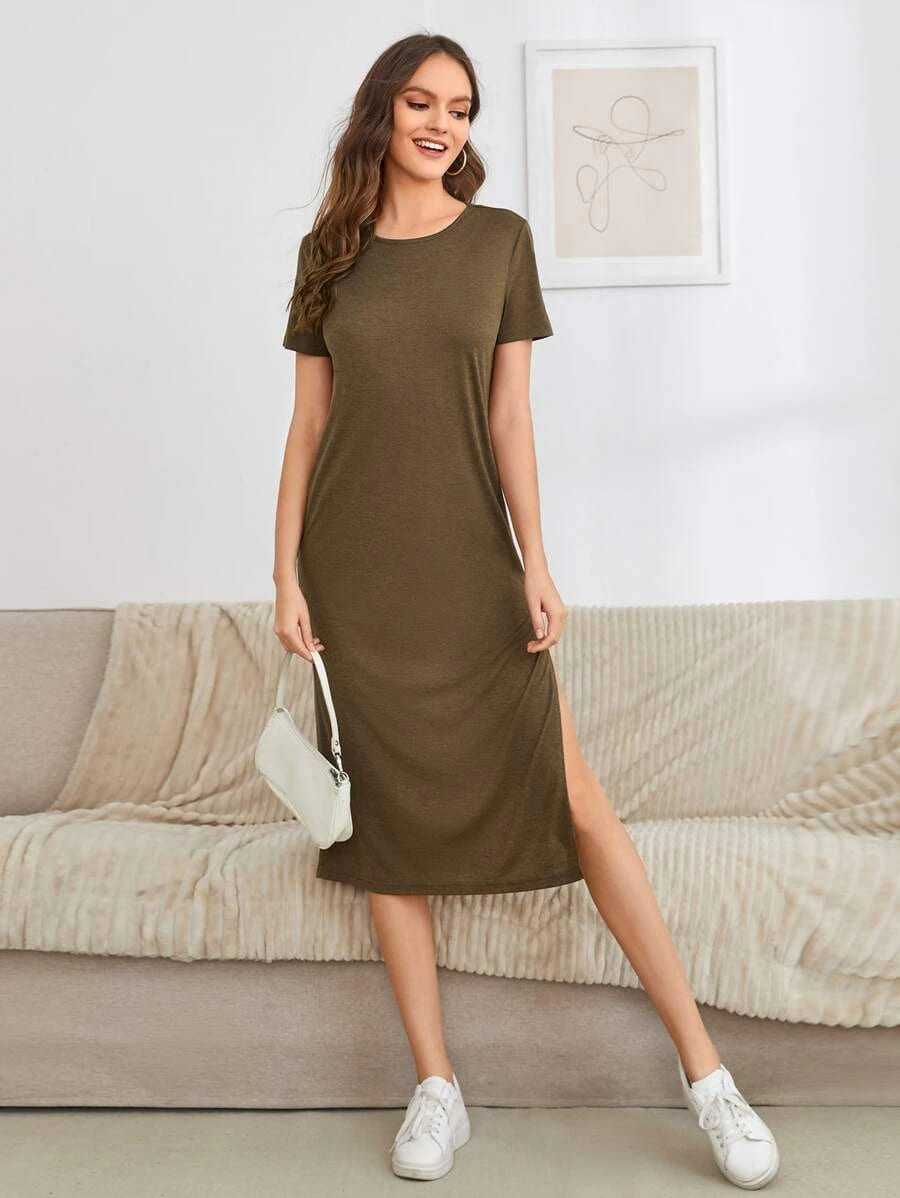 Vestido Tubinho Midi Fenda Manga Curta Casual, PP, P, M, G, GG, Castanho Escuro