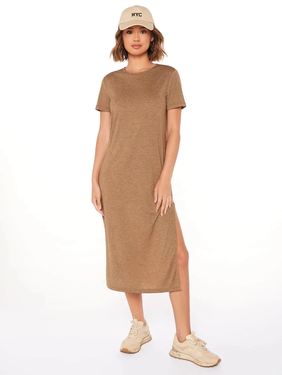 Vestido Tubinho Midi Fenda Manga Curta Casual, PP, P, M, G, Castanho Claro