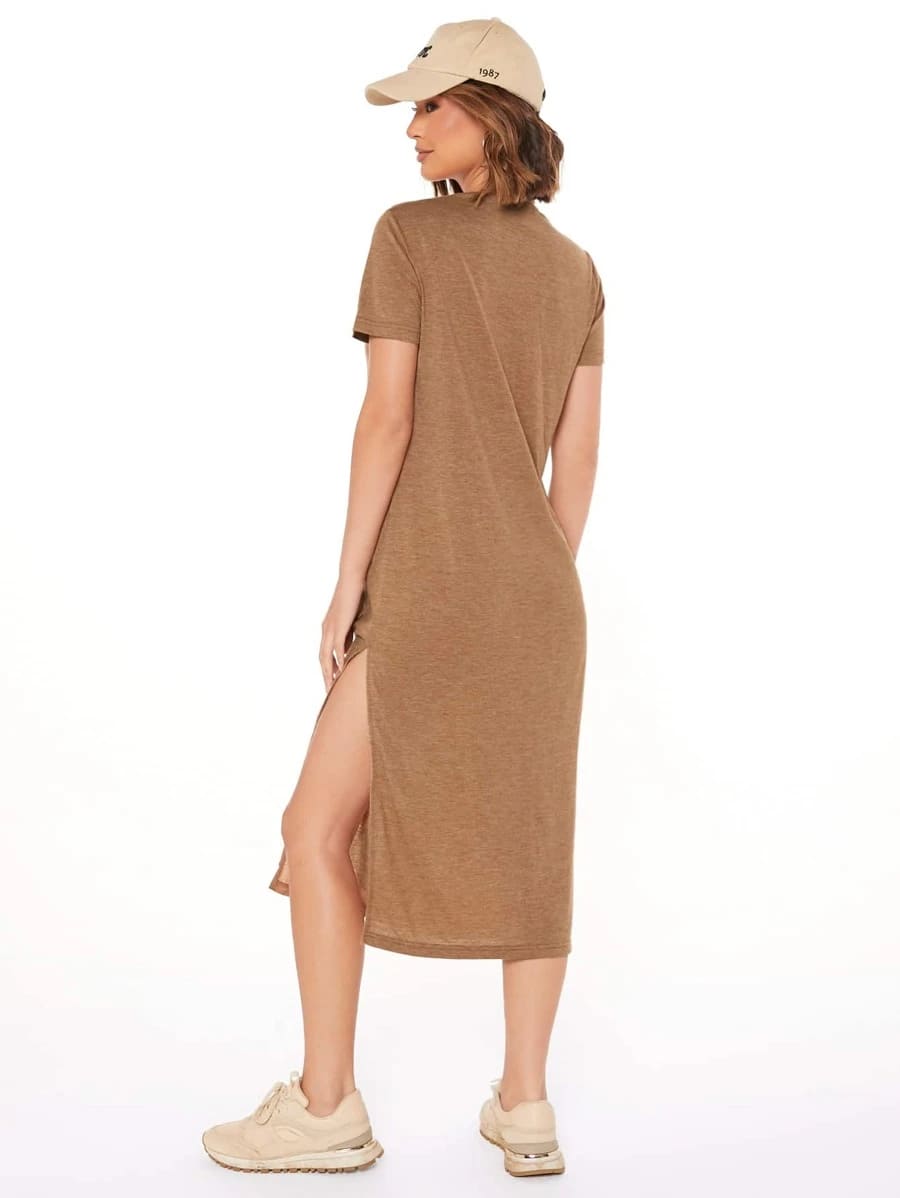 Vestido Tubinho Midi Fenda Manga Curta Casual, PP, P, M, G, Castanho Claro