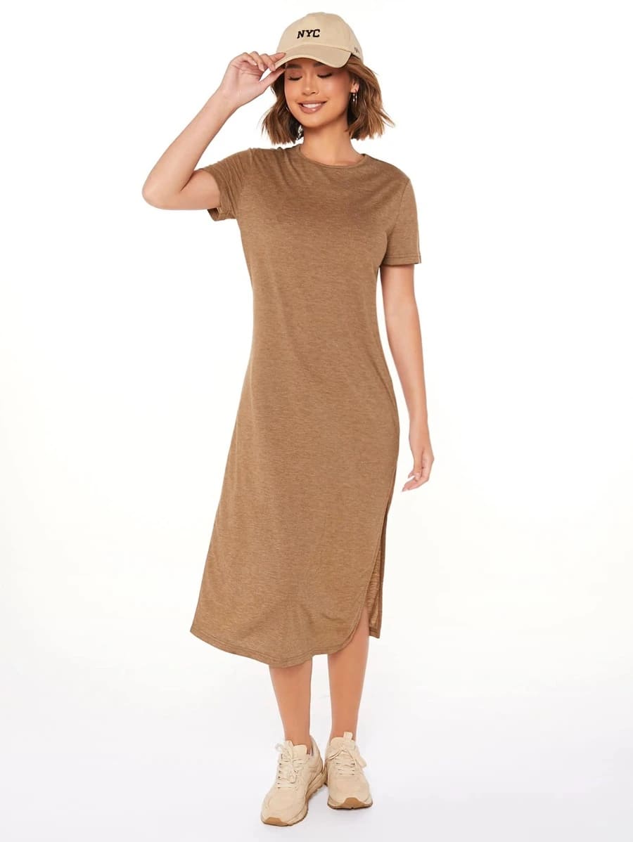 Vestido Tubinho Midi Fenda Manga Curta Casual, PP, P, M, G, Castanho Claro