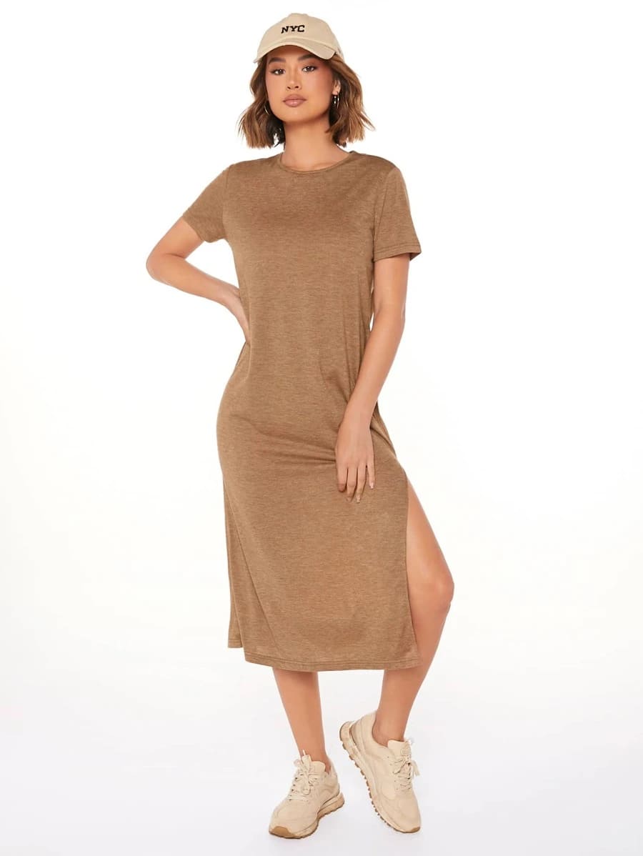 Vestido Tubinho Midi Fenda Manga Curta Casual, PP, P, M, G, Castanho Claro