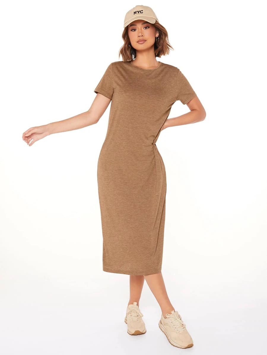 Vestido Tubinho Midi Fenda Manga Curta Casual, PP, P, M, G, Castanho Claro
