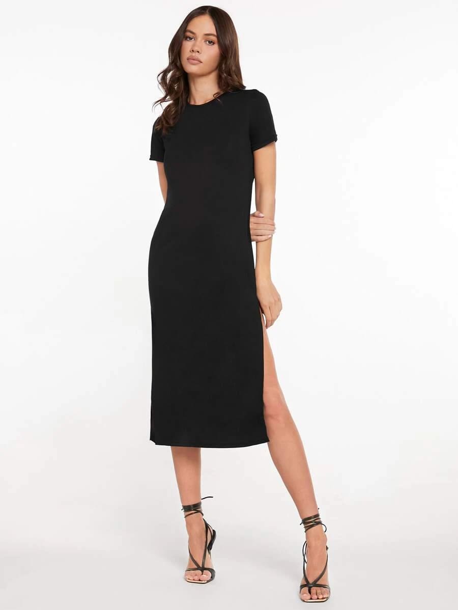 Vestido Tubinho Midi Fenda Manga Curta Casual, PP, P, M, G, Preto