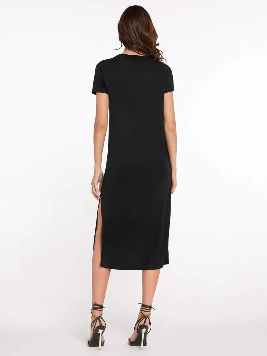 Vestido Tubinho Midi Fenda Manga Curta Casual, PP, P, M, G, Preto