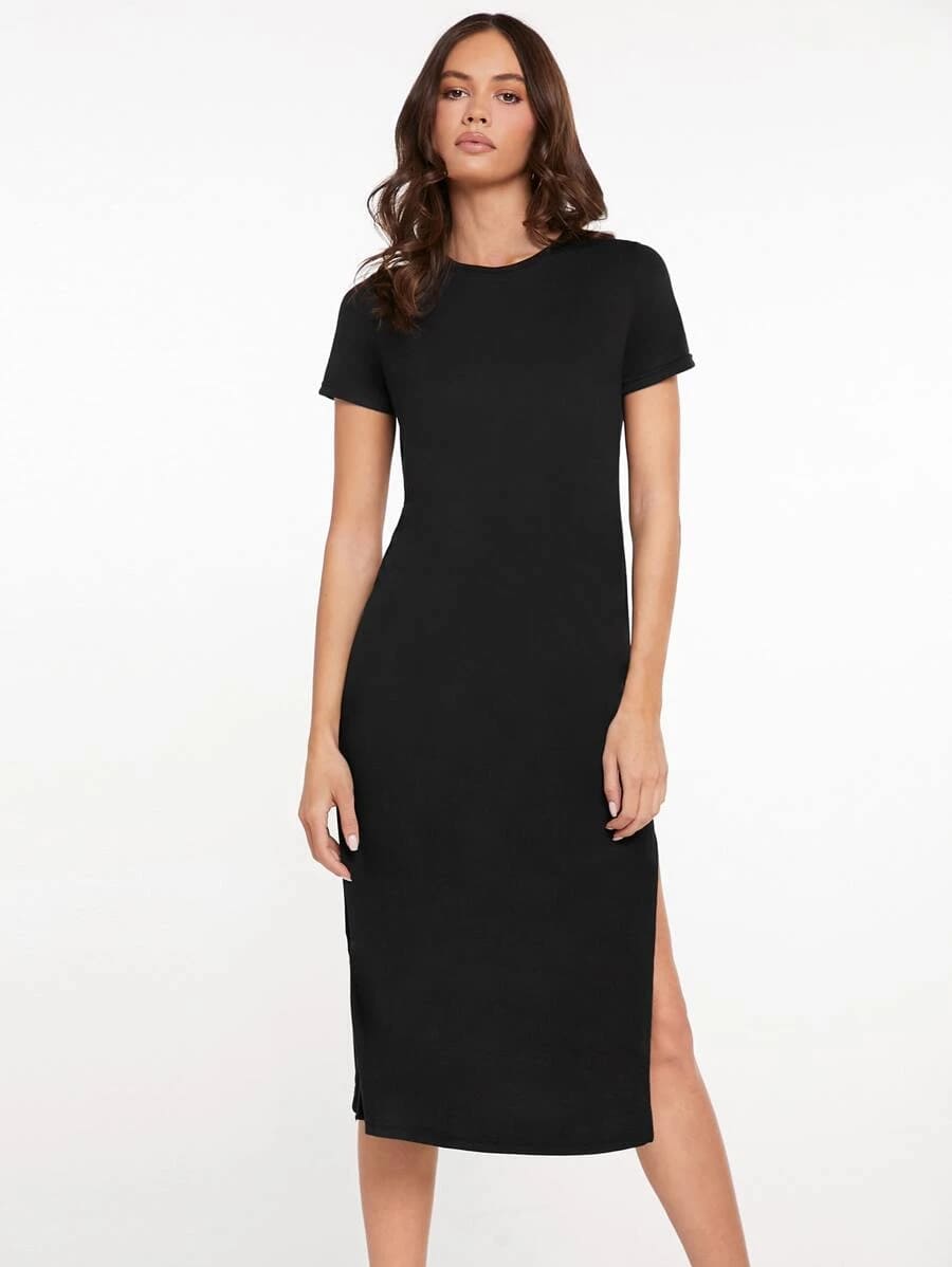 Vestido Tubinho Midi Fenda Manga Curta Casual, PP, P, M, G, Preto