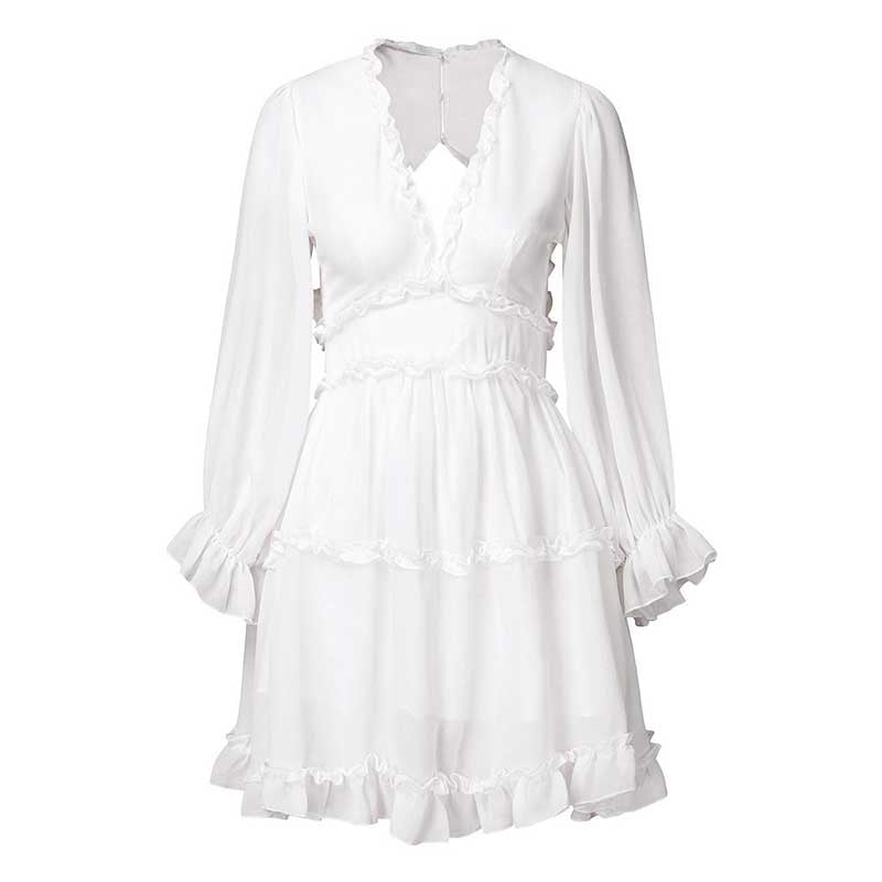 Vestido branco Babados Manga Costas Vazadas