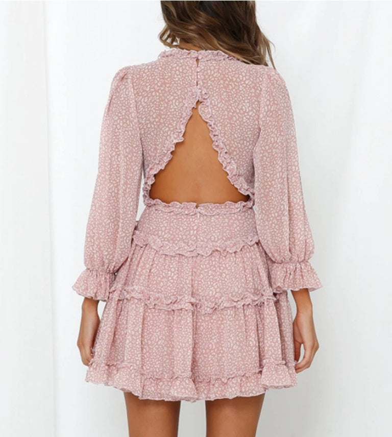 Vestido Babados Estampa Liberty Costas Nuas rosé manga longa