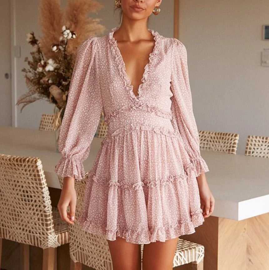 Vestido Babados Estampa Liberty Costas Nuas rosé manga longa