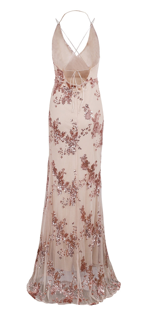 Vestido de Festa Longo Bordado c/Paetês nude dourado rosé