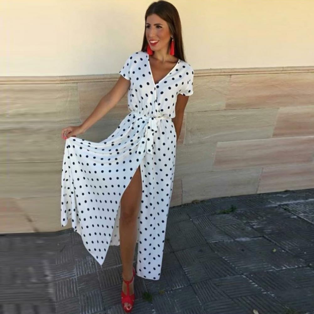 vestido longo de bolinha branco manga curta