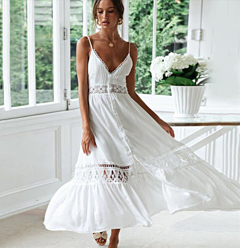 Vestido Branco c/Renda Midi Rodado Saída de Praia