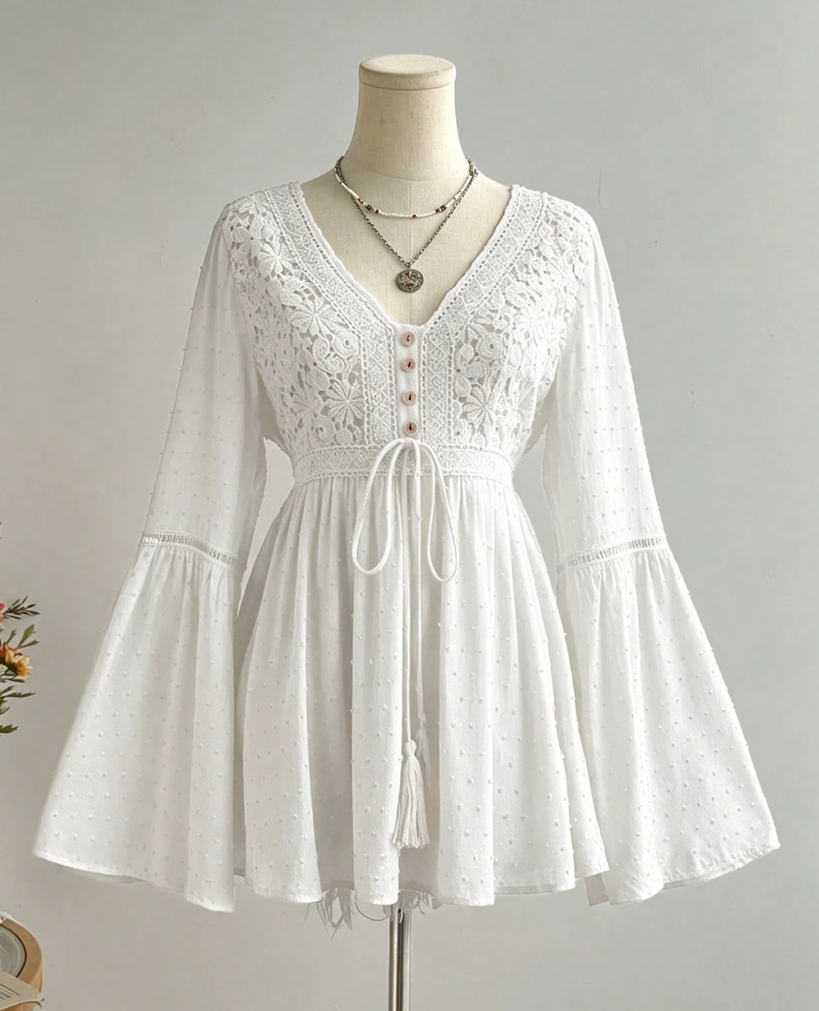 Bata Boho Manga Flare c/Renda Viscose