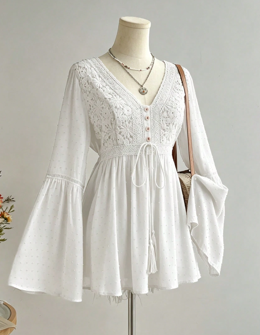 Bata Boho Manga Flare c/Renda Viscose