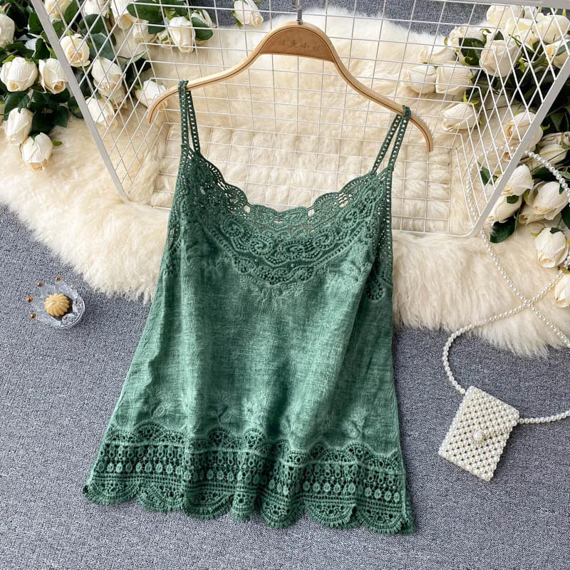 Blusa com Renda Bordada Boho Chic Alcinha algodão verde
