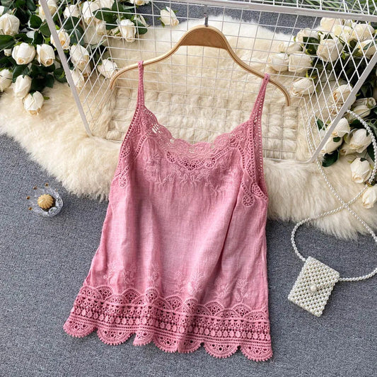 Blusa com Renda Bordada Boho Chic Alcinha algodão rosa