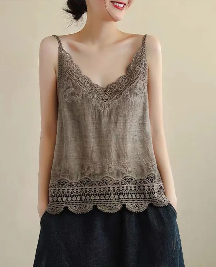 Blusa com Renda Bordada Boho Chic Alcinha algodão marrom soltinha