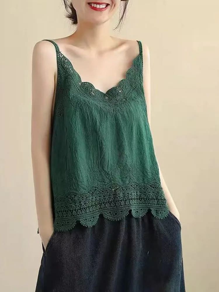 Blusa com Renda Bordada Boho Chic Alcinha algodão verde