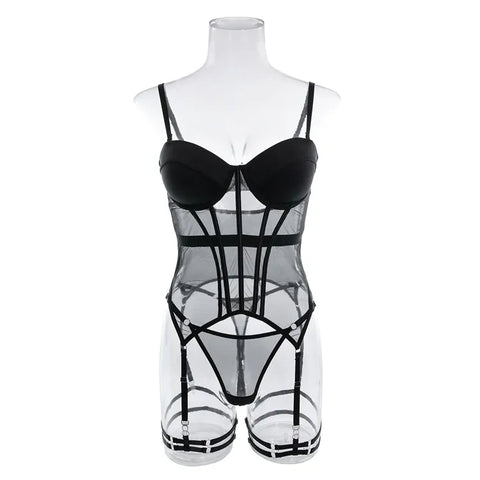 conjunto lingerie Body Corset Transparente c/Bojo Cinta-Liga preto sexy