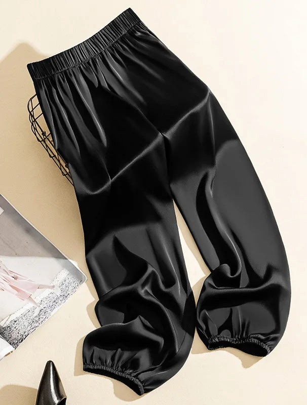 Calça Jogging de Cetim de seda preta brilhosa cargo