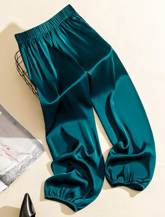 Calça Jogging de Cetim verde esmeralda escuro brilhosa cargo
