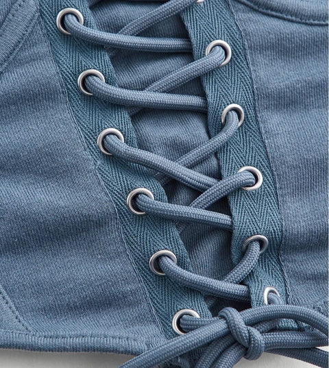 Moletom Cropped detalhes em Corset Decote Cut-out sexy azul