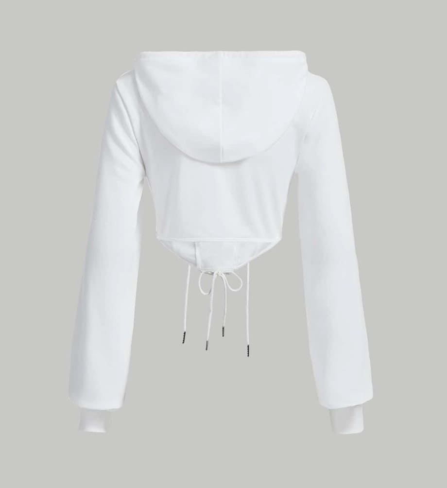 Moletom Cropped detalhes Corset Decote recortado Cut-out sexy branco manga longa capuz