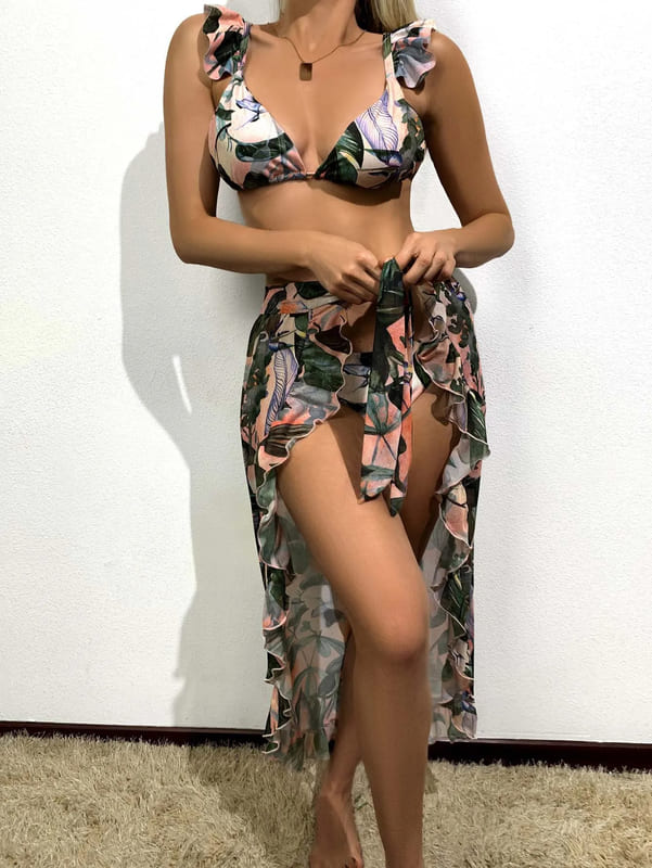 Conjunto Praiano Saia + Biquíni Estampados Babados saída de praia tropical