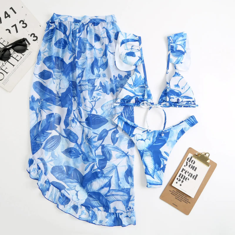 Conjunto Praiano Saia + Biquíni Estampado Babados
