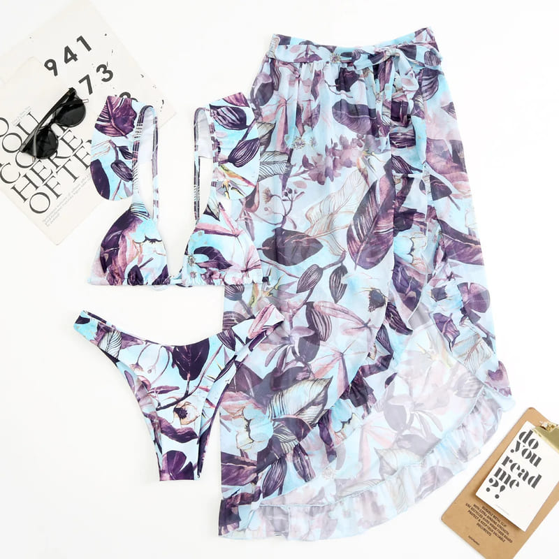 Conjunto Praiano Saia + Biquíni Estampados Babados saída de praia azul tropical