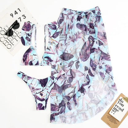 Conjunto Praiano Saia + Biquíni Estampados Babados saída de praia azul tropical