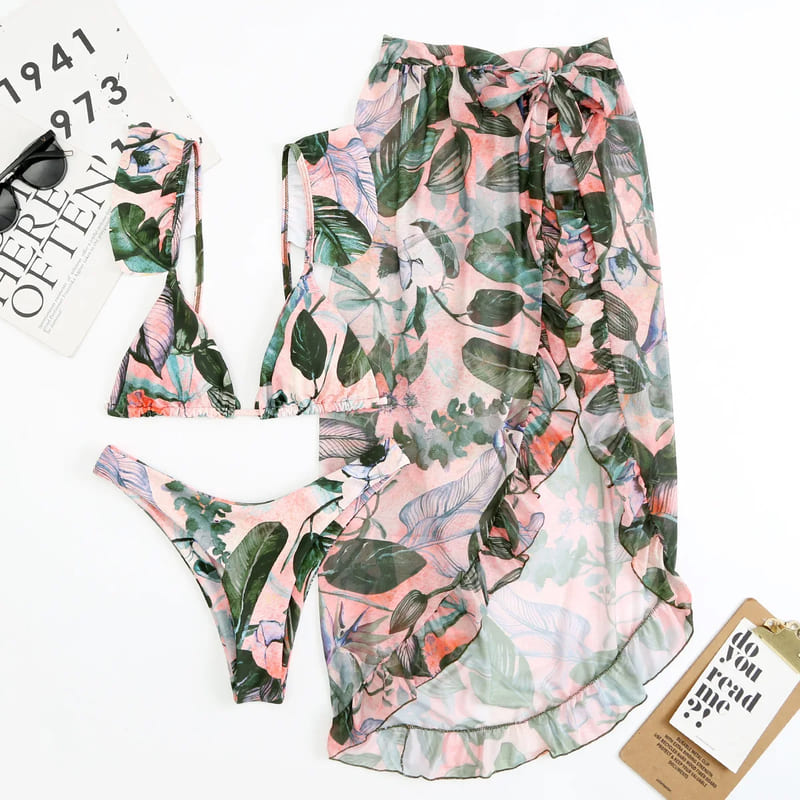 Conjunto Praiano Saia + Biquíni Estampados Babados saída de praia tropical
