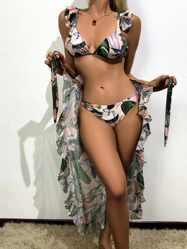 Conjunto Praiano Saia + Biquíni Estampados Babados saída de praia tropical