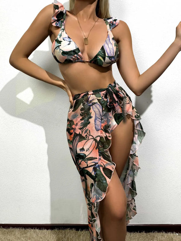 Conjunto Praiano Saia + Biquíni Estampados Babados saída de praia tropical