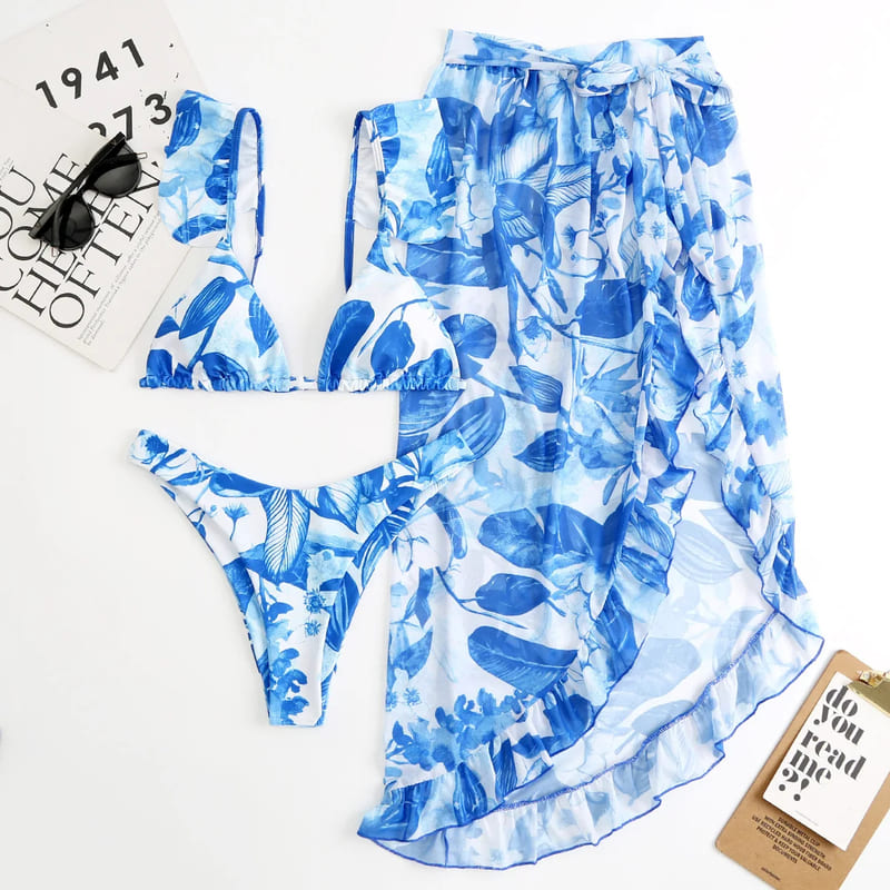 Conjunto Praiano Saia + Biquíni Estampado Babados