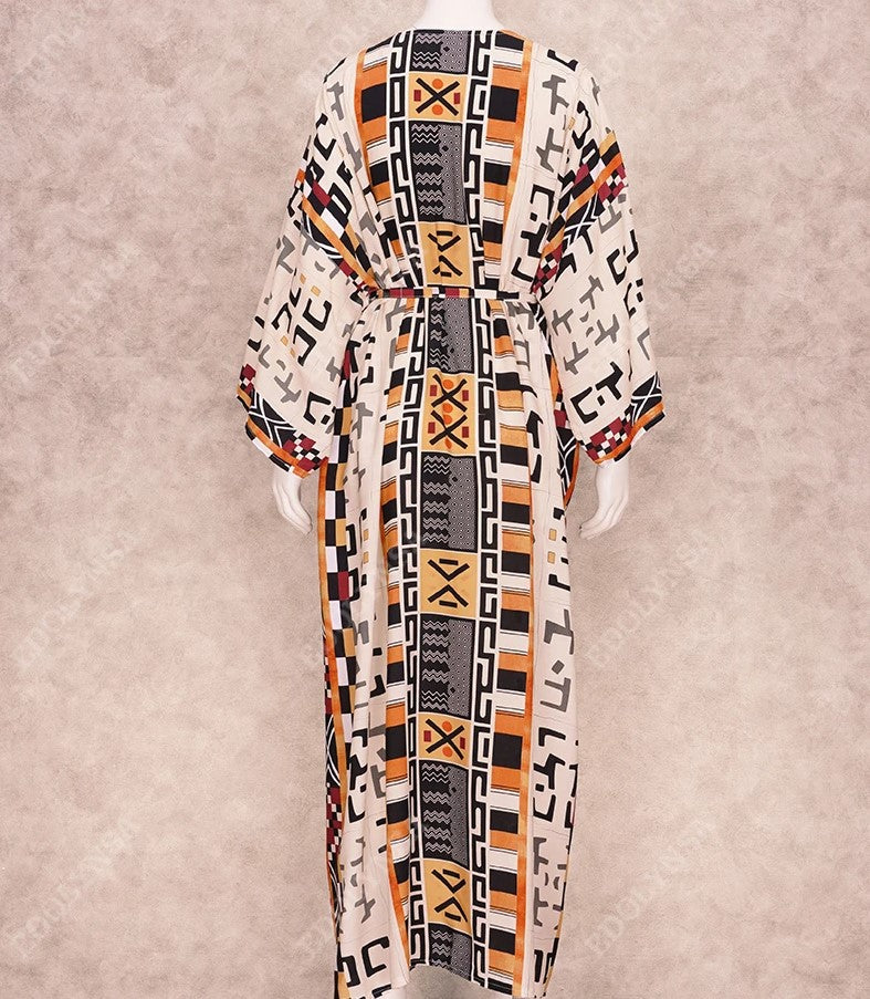 Kimono Longo Boho Estampado Oriental c/Faixa