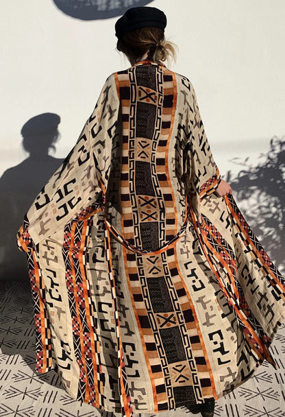Kimono Longo Boho Estampado Oriental c/Faixa