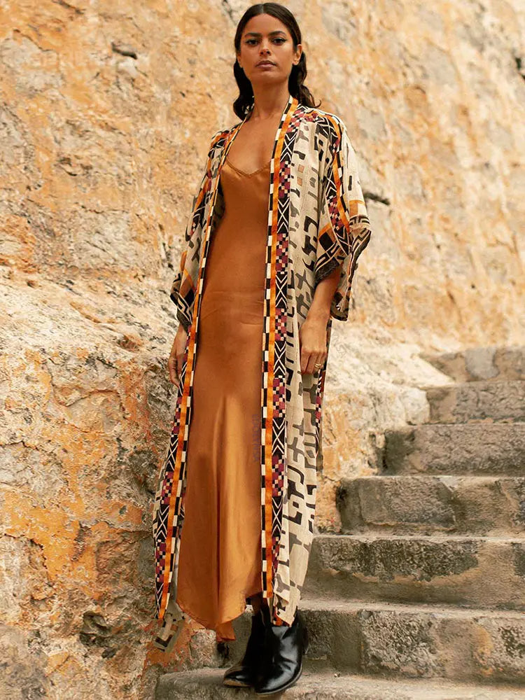 Kimono Longo Boho Estampado Oriental c/Faixa