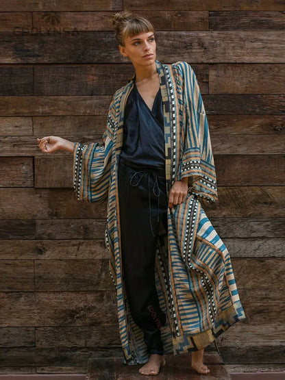Kimono Longo Boho Estampado Oriental c/Faixa
