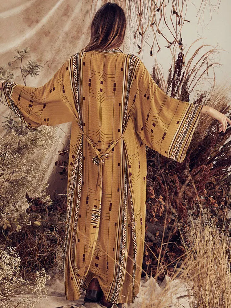 Kimono Longo Boho Estampado Oriental c/Faixa