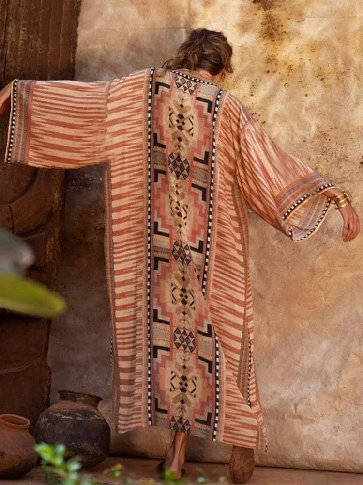 Kimono Longo Boho Estampado Oriental c/Faixa