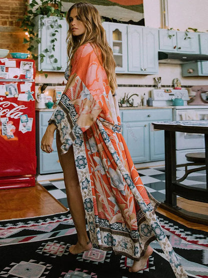 Kimono Longo Boho Estampado Oriental c/Faixa