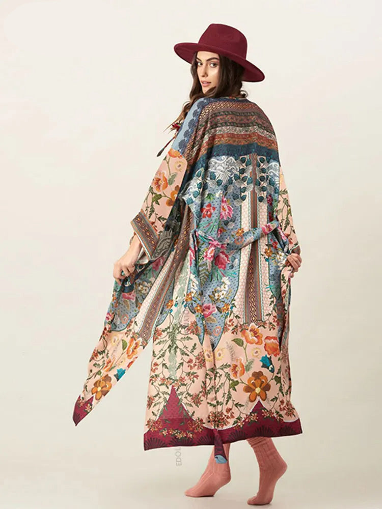 Kimono Longo Boho Estampado Oriental c/Faixa